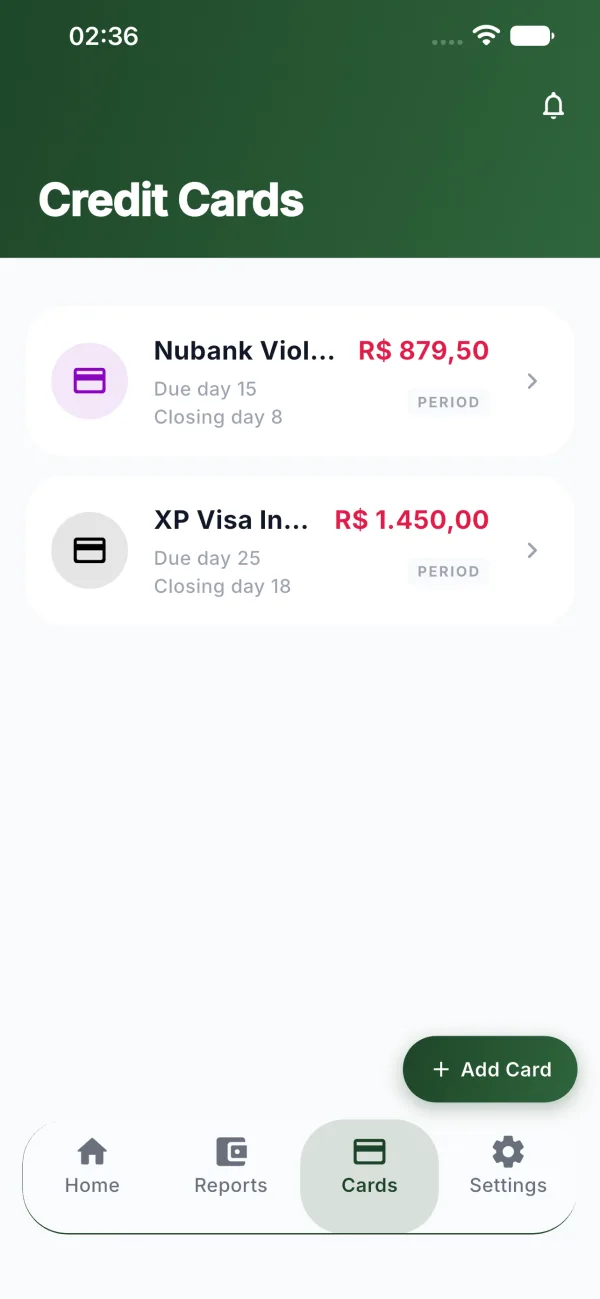 Coinky cards screen with each bill's closing date, due date and amount