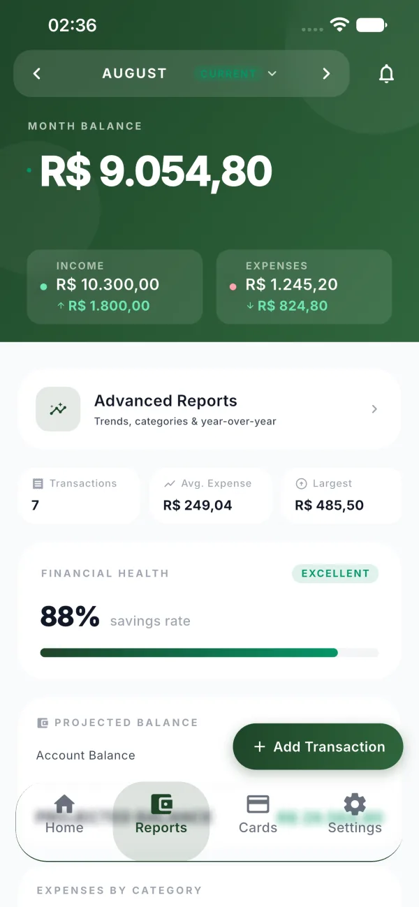 Coinky monthly report with spending by category