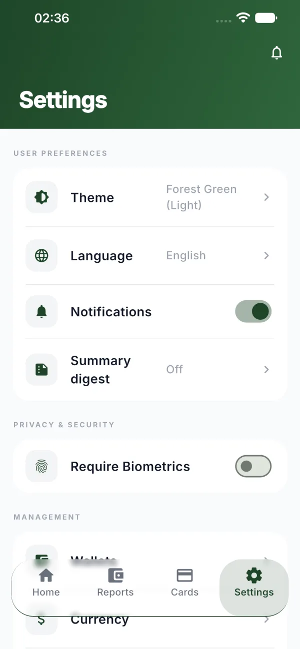 Coinky settings with Face ID lock